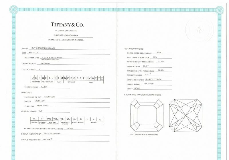 ティファニー ダイヤリング ダイヤモンド 0.43ct H VVS1 EX ルシダ ソリティア Pt950 鑑