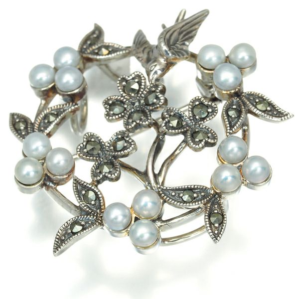 碌山 ブローチ兼ペンダントトップ ベビーパール 真珠 3.5mm マーカサイト シルバー 925 