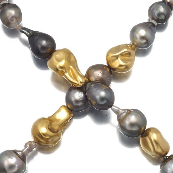 バロックパール 黒蝶真珠 8.2-12.5mm ラリアット 2WAY ネックレス K18YG/シルバー 