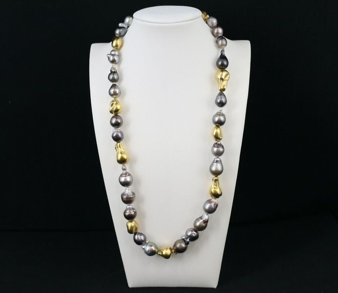 バロックパール 黒蝶真珠 8.2-12.5mm ラリアット 2WAY ネックレス K18YG/シルバー 