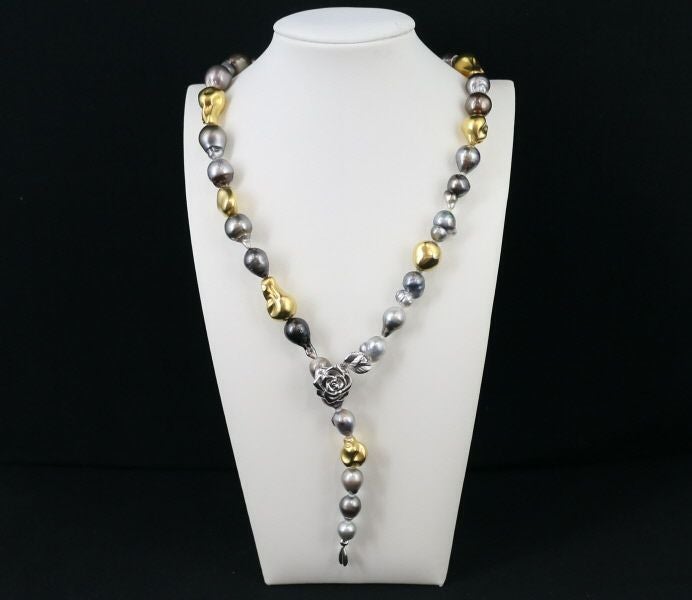 バロックパール 黒蝶真珠 8.2-12.5mm ラリアット 2WAY ネックレス K18YG/シルバー 