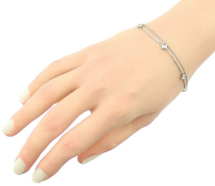 ダイヤ 0.20ct ステーション スクエア ボールチェーン 2連 ブレスレット Pt850 