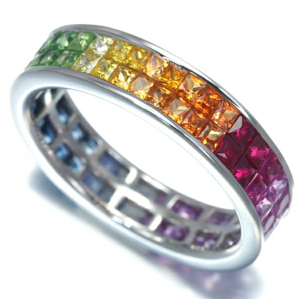 サファイア 2.87ct グリーンガーネット  ルビー マルチカラー フルエタニティ リング K18WG 