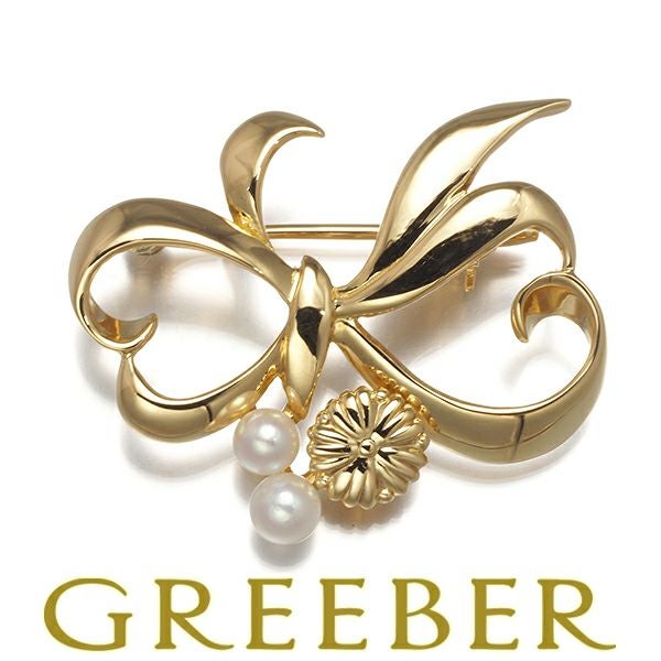 ミキモト ブローチ ベビーパール アコヤ真珠 3.7mm/4.0mm リボン フラワー  K18YG 
