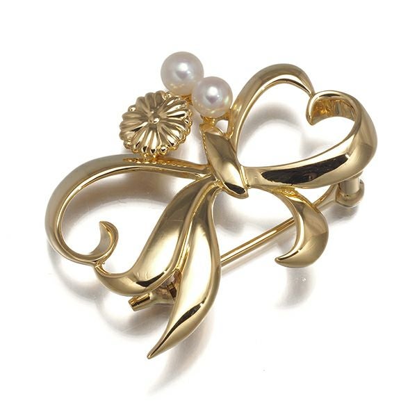 ミキモト ブローチ ベビーパール アコヤ真珠 3.7mm/4.0mm リボン フラワー  K18YG 