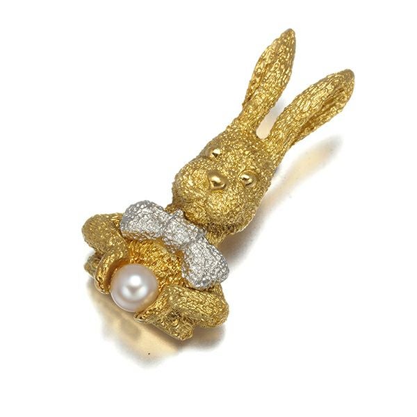 ベビーパール アコヤ真珠 3.3mm 兎 アニマル ピン 艶消し ブローチ K18YG/Pt900/合金 