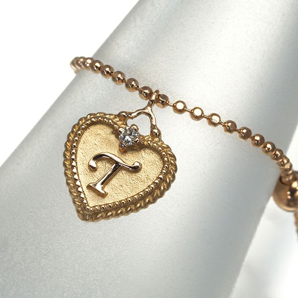 ダイヤ 0.01ct ハート チェーン イニシャル T フリーサイズ  リング K18PG 