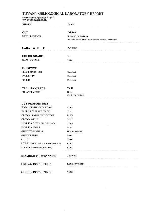 ティファニー ピアス ダイヤ 0.30ct/0.30 G VVS1  EX バイザヤード  Pt950 鑑定書