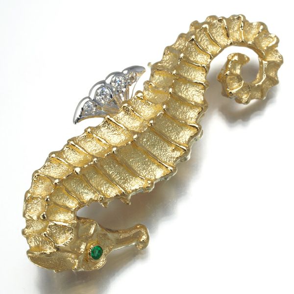 ティファニー ブローチ ダイヤ エメラルド タツノオトシゴ アニマル ヴィンテージ K18YG/WG 