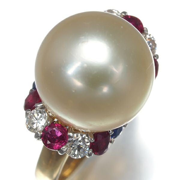 セミゴールデン パール 白蝶真珠 12.3mm ダイヤ   ルビー サファイア リング K18YG/Pt900 ソ