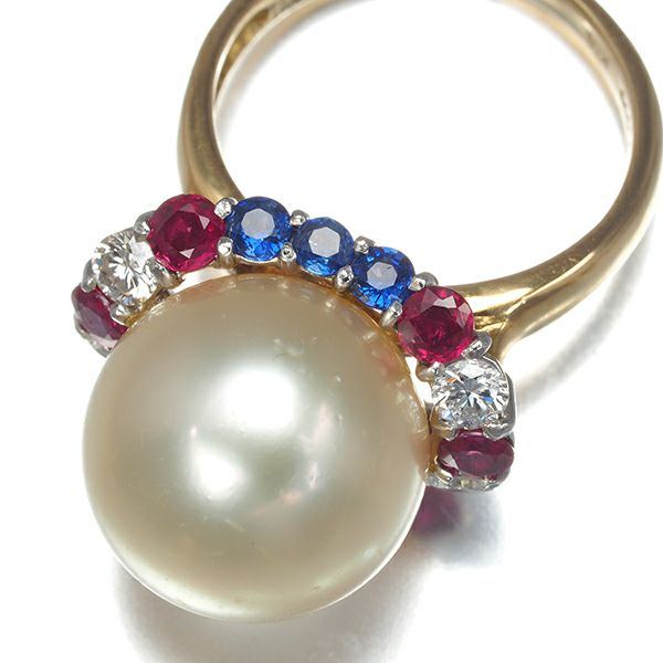 セミゴールデン パール 白蝶真珠 12.3mm ダイヤ   ルビー サファイア リング K18YG/Pt900 ソ