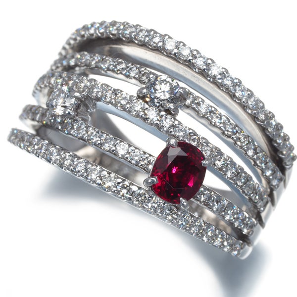 ルビー 0.526ct  ダイヤ 1.05ct 5ロウ  リング K18WG ソーティング
