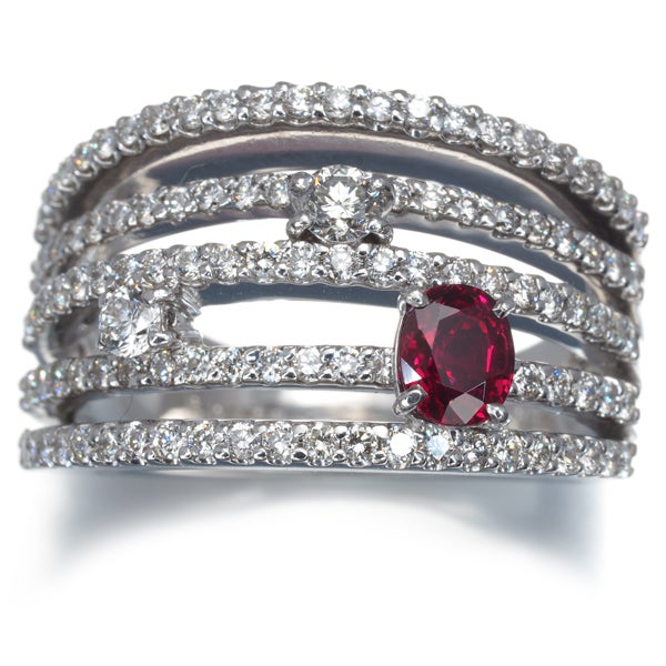 ルビー 0.526ct  ダイヤ 1.05ct 5ロウ  リング K18WG ソーティング