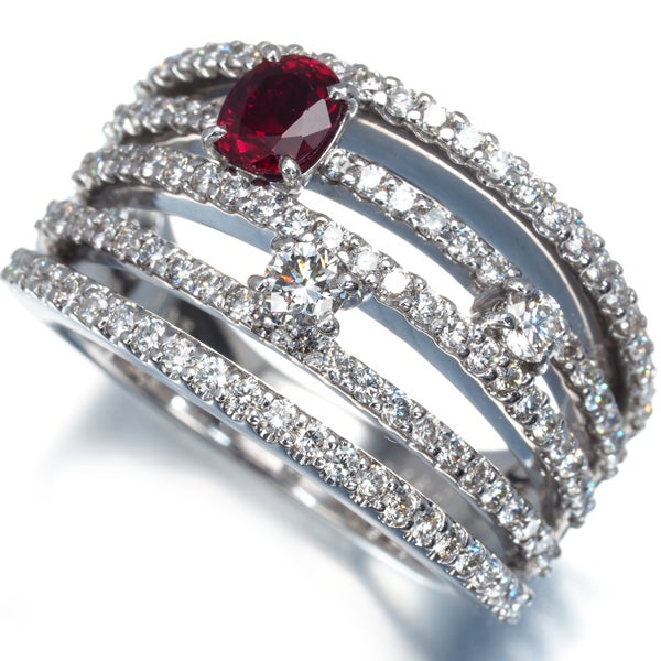 ルビー 0.526ct  ダイヤ 1.05ct 5ロウ  リング K18WG ソーティング