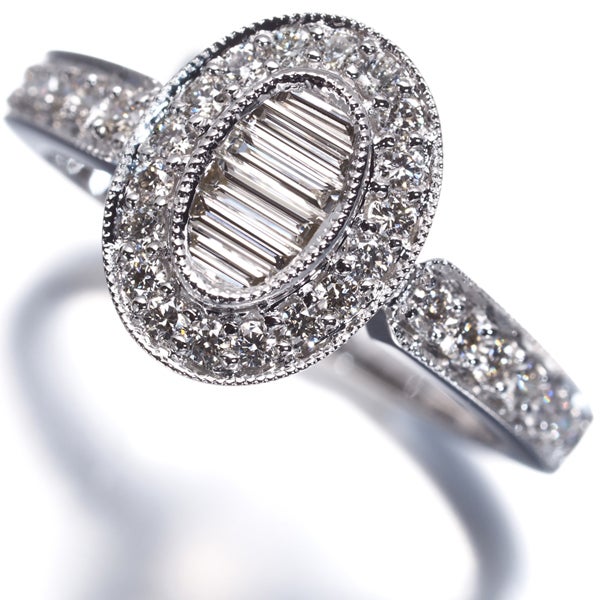 ダイヤ 0.544ct バケット 2種カット ミルグレイン  リング K18WG 