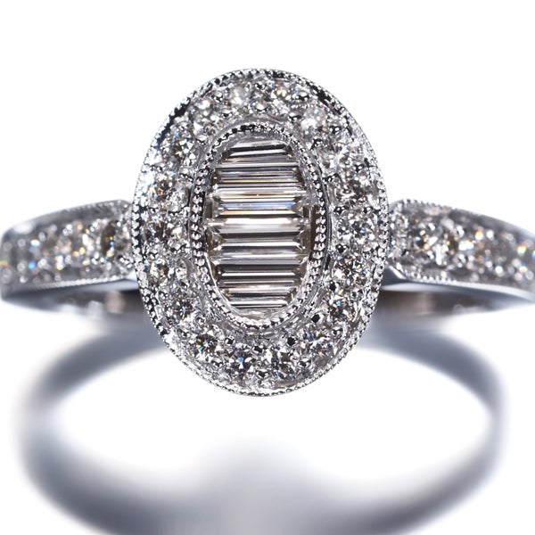 ダイヤ 0.544ct バケット 2種カット ミルグレイン  リング K18WG 