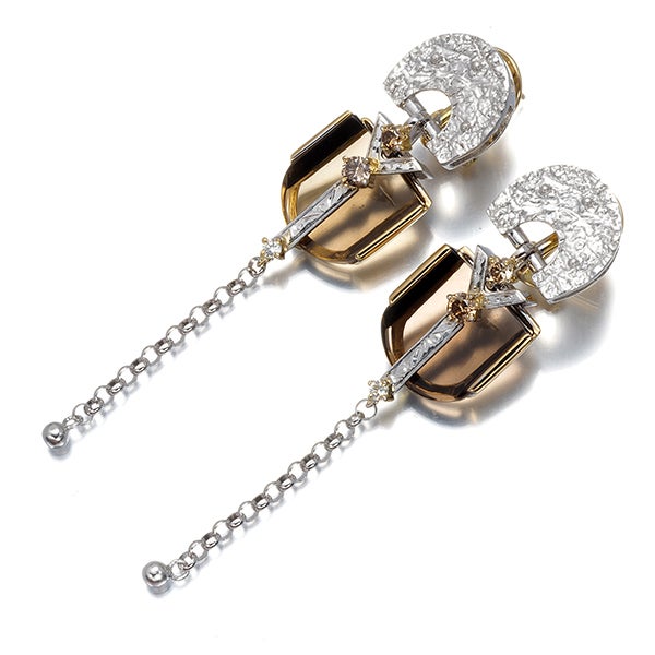 福原佐智 ピアス スモーキークォーツ 9.59ct ブラウン&クリア ダイヤ 0.38ct K18WG/YG 