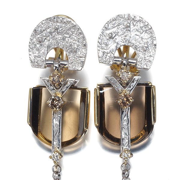 福原佐智 ピアス スモーキークォーツ 9.59ct ブラウン&クリア ダイヤ 0.38ct K18WG/YG 