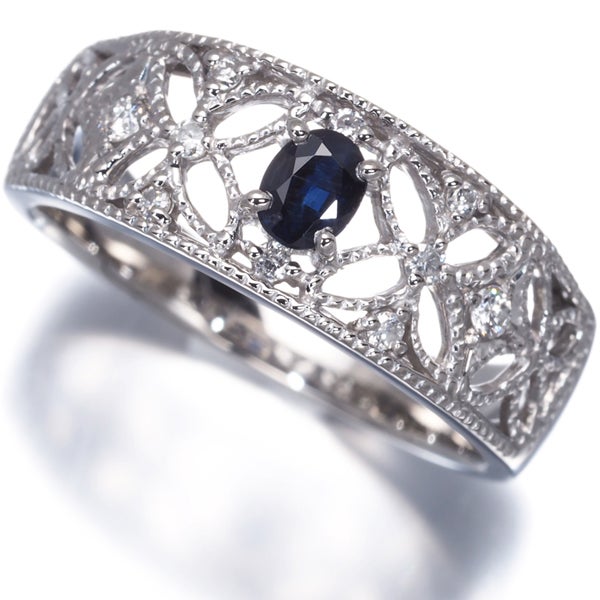 サファイア 0.30ct  ダイヤ 0.10ct 透かし ミルグレイン  リング Pt900 