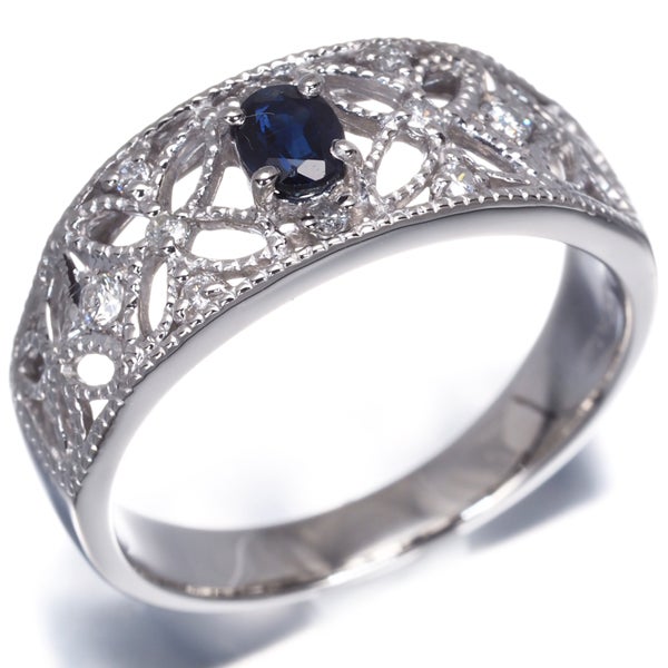 サファイア 0.30ct  ダイヤ 0.10ct 透かし ミルグレイン  リング Pt900 