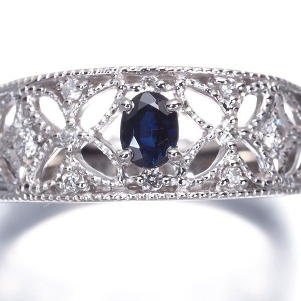 サファイア 0.30ct  ダイヤ 0.10ct 透かし ミルグレイン  リング Pt900 
