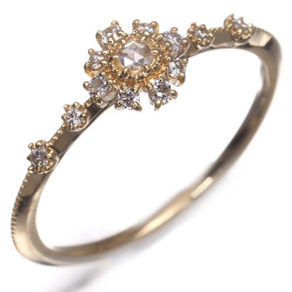 アガット リング ダイヤ 0.10ct  ローズカット フラワー 雪割草 9号 K18YG 