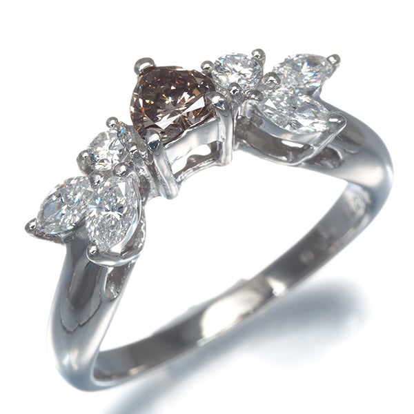 ブラウン＆クリアダイヤ 0.274ct/0.50ct  ハートシェイプ リング Pt900 
