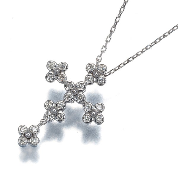 ヴァンドーム ネックレス ダイヤ 0.14ct  クロス フラワー Yドロップ K18WG 
