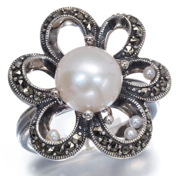 碌山 リング ベビーパール 真珠 8.4mm/1.5mm マーカサイト フラワー 11号 シルバー925 