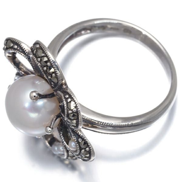 碌山 リング ベビーパール 真珠 8.4mm/1.5mm マーカサイト フラワー 11号 シルバー925 