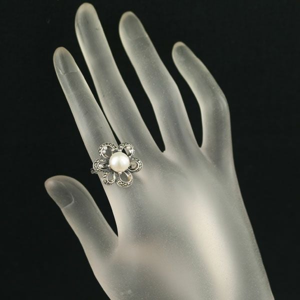 碌山 リング ベビーパール 真珠 8.4mm/1.5mm マーカサイト フラワー 11号 シルバー925 