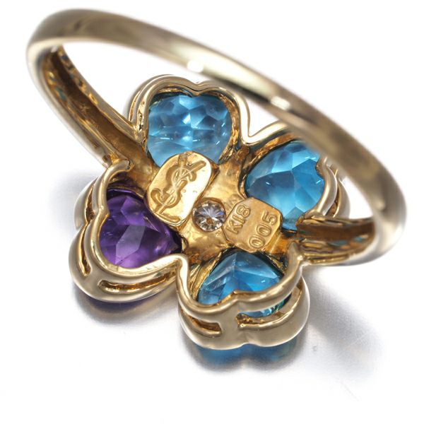 イヴサンローラン リング アメジスト トパーズ  ダイヤ 0.05ct  クローバー 16号 K18YG 