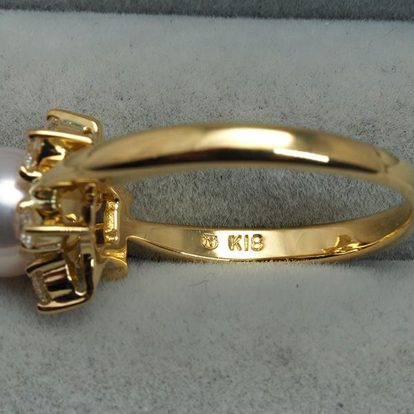 ミキモト リング アコヤ真珠 6.4mm  ダイヤ  フラワー 7号 K18YG 