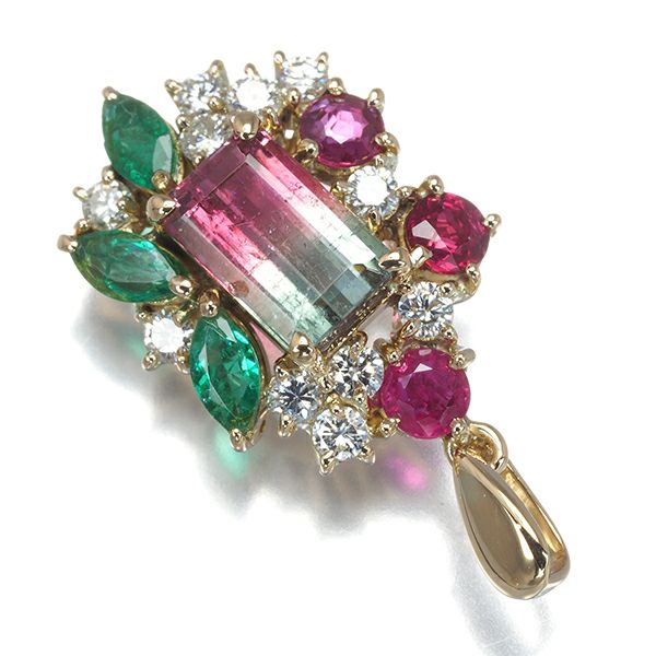 バイカラートルマリン 1.36ct  エメラルド ルビー 0.55ct  ダイヤ ペンダントトップ K18 ソ