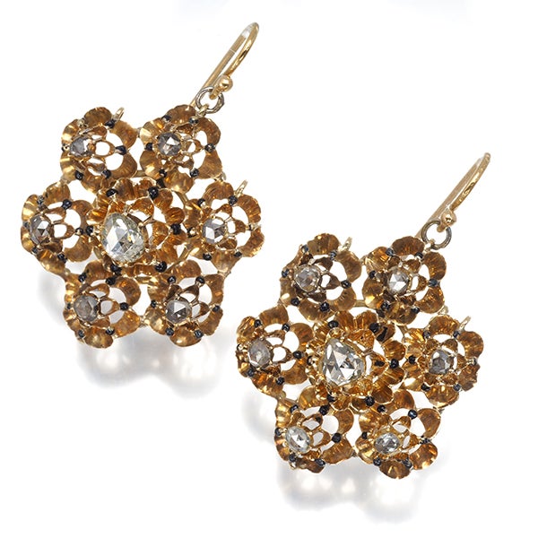 ダイヤ アンティークカット フラワー  ピアス K10YG/エナメル 