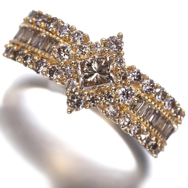 ブラウンダイヤ 1.10ct プリンセス テーパー 3種カット  リング K18YG 