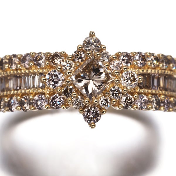 ブラウンダイヤ 1.10ct プリンセス テーパー 3種カット  リング K18YG 