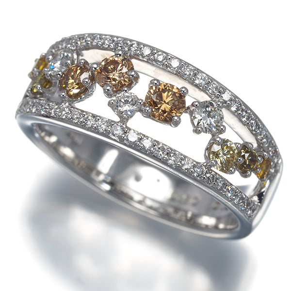 イエロー&ブラウン&クリア ダイヤ 0.50ct/0.40ct 透かし  リング Pt900 