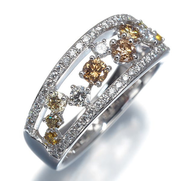 イエロー&ブラウン&クリア ダイヤ 0.50ct/0.40ct 透かし  リング Pt900 