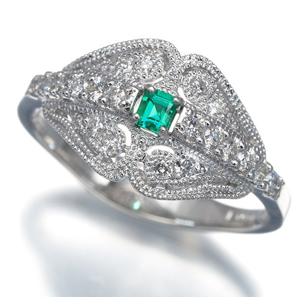 エメラルド 0.06ct ダイヤ 0.26ct ミルグレイン  リング Pt900 