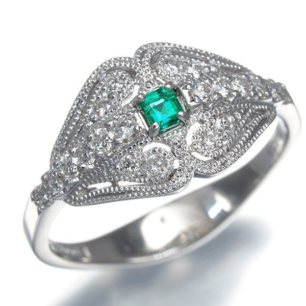 エメラルド 0.06ct ダイヤ 0.26ct ミルグレイン  リング Pt900 