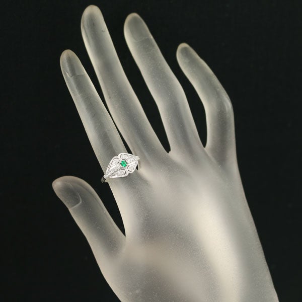 エメラルド 0.06ct ダイヤ 0.26ct ミルグレイン  リング Pt900 