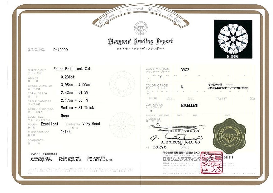 ４℃ リング ダイヤ 0.236ct D VVS2 EX  ソリティア 14.5号 Pt950 鑑定書