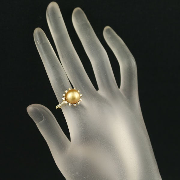 ゴールデンパール 白蝶真珠 10.0-10.1mm  ダイヤ 0.38ct フラワー リング K18YG ソ