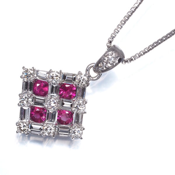  ルビー 0.30ct  ダイヤ 0.60ct スクエア 2種カット  ネックレス K18WG ソーティング