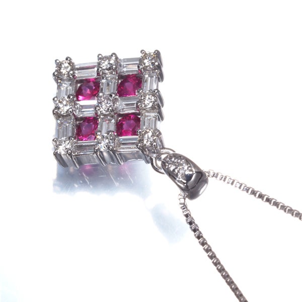  ルビー 0.30ct  ダイヤ 0.60ct スクエア 2種カット  ネックレス K18WG ソーティング