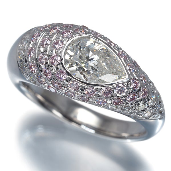 クリア＆ピンク ダイヤ 1.053ct/0.655ct ペアシェイプ パヴェ  リング K18WG ソーティング