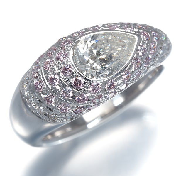 クリア＆ピンク ダイヤ 1.053ct/0.655ct ペアシェイプ パヴェ  リング K18WG ソーティング