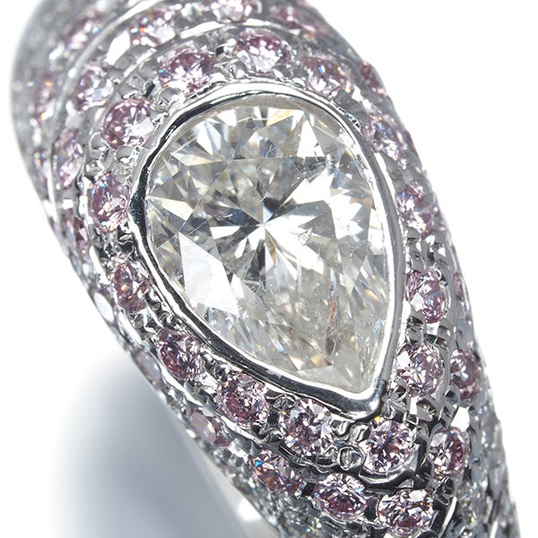 クリア＆ピンク ダイヤ 1.053ct/0.655ct ペアシェイプ パヴェ  リング K18WG ソーティング