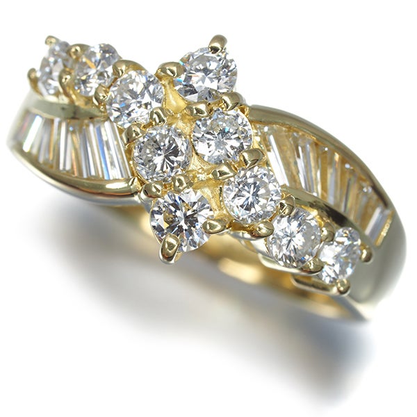 ダイヤ 1.04ct テーパー 2種カット ウェーブ リング K18YG 